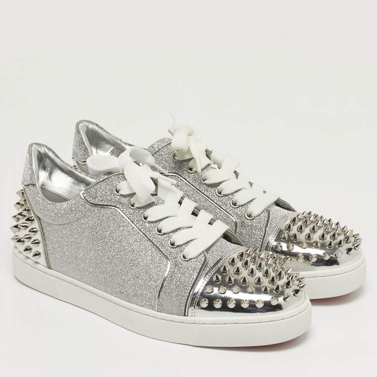 Pre Owned Christian Louboutin Vieira 2 Size 39 Silver Glitter and Patent Leather Lace Up Sneakers