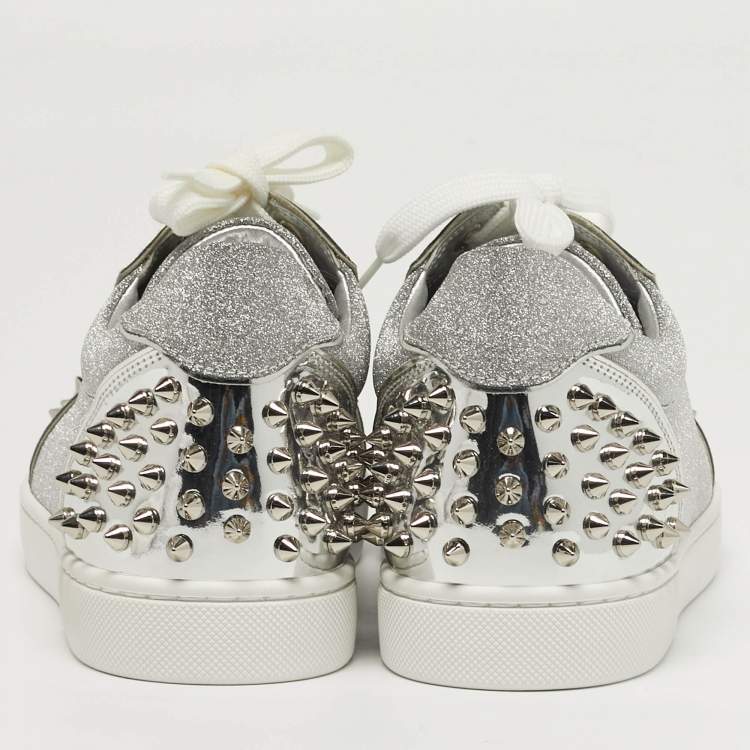 Pre Owned Christian Louboutin Vieira 2 Size 39 Silver Glitter and Patent Leather Lace Up Sneakers