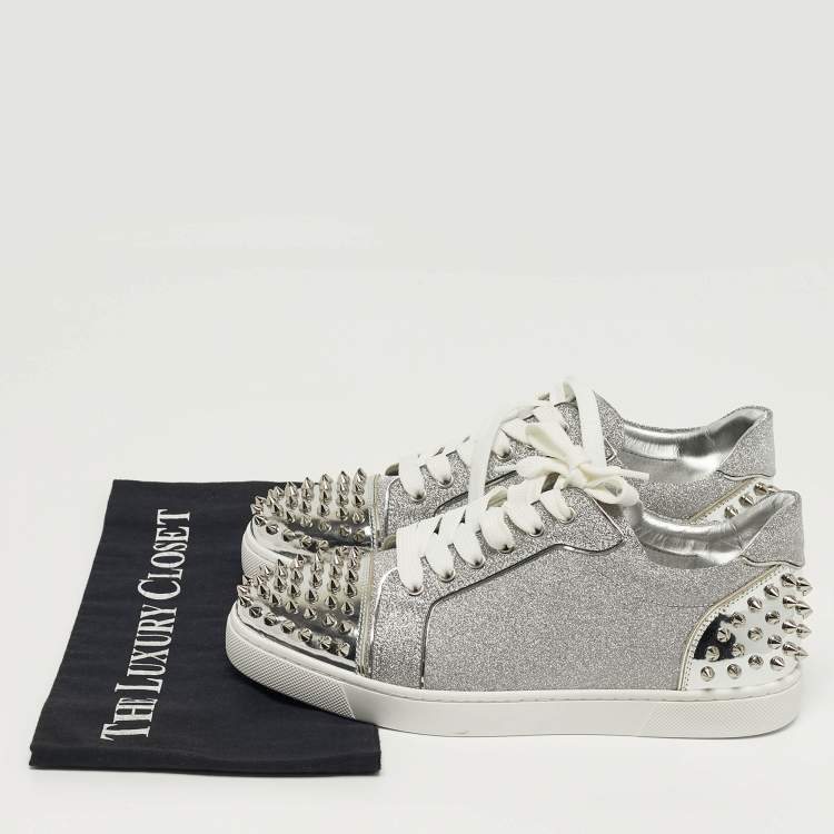 Pre Owned Christian Louboutin Vieira 2 Size 39 Silver Glitter and Patent Leather Lace Up Sneakers