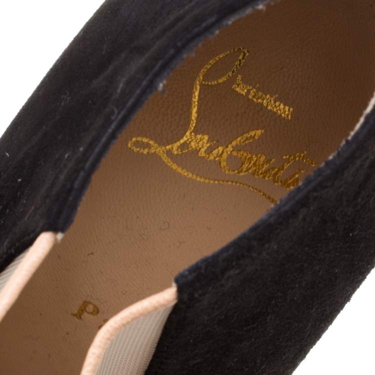 Pre Owned Christian Louboutin Black Suede And Beige Mesh Bow Detail Booties Size 37.5