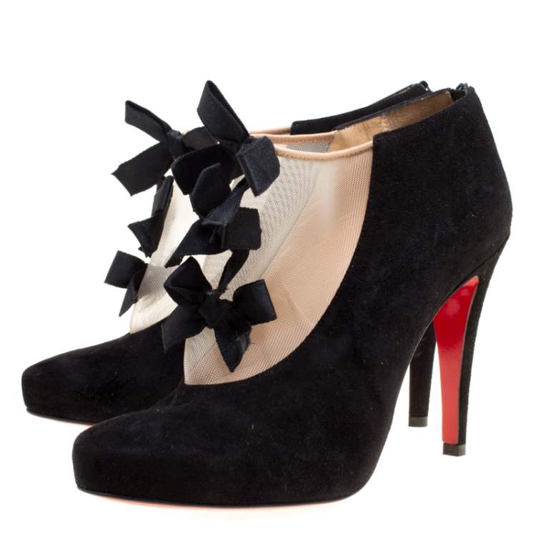 Pre Owned Christian Louboutin Black Suede And Beige Mesh Bow Detail Booties Size 37.5