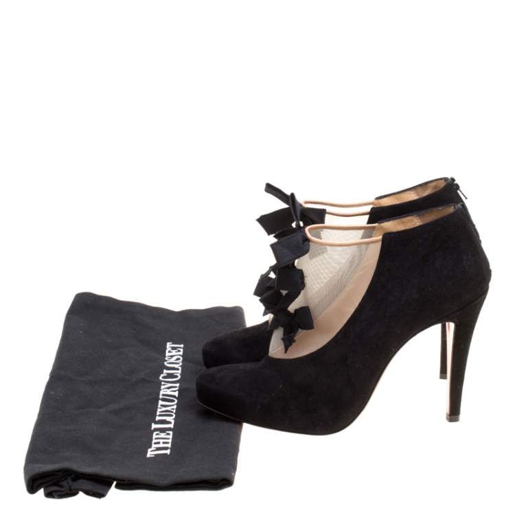 Pre Owned Christian Louboutin Black Suede And Beige Mesh Bow Detail Booties Size 37.5