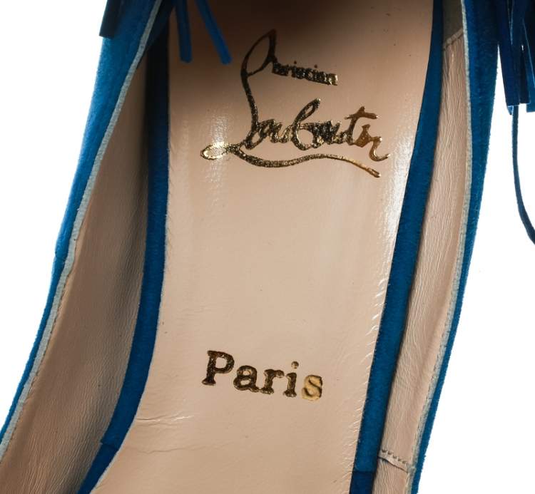 Pre Owned Christian Louboutin Cobalt Blue Suede Tina Fringe Detail Ankle Strap Peep Toe Pumps Size 37