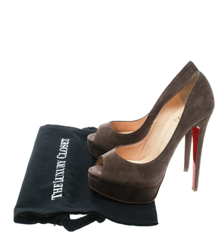 Pre Owned Christian Louboutin Brown Suede Lady Peep Toe Platform Pumps Size 36