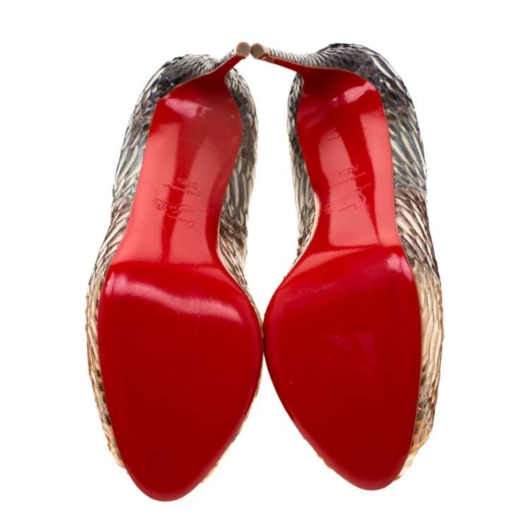 Pre Owned Christian Louboutin Beige Python Leather Suellena Peep Toe Platform Pumps Size 38.5