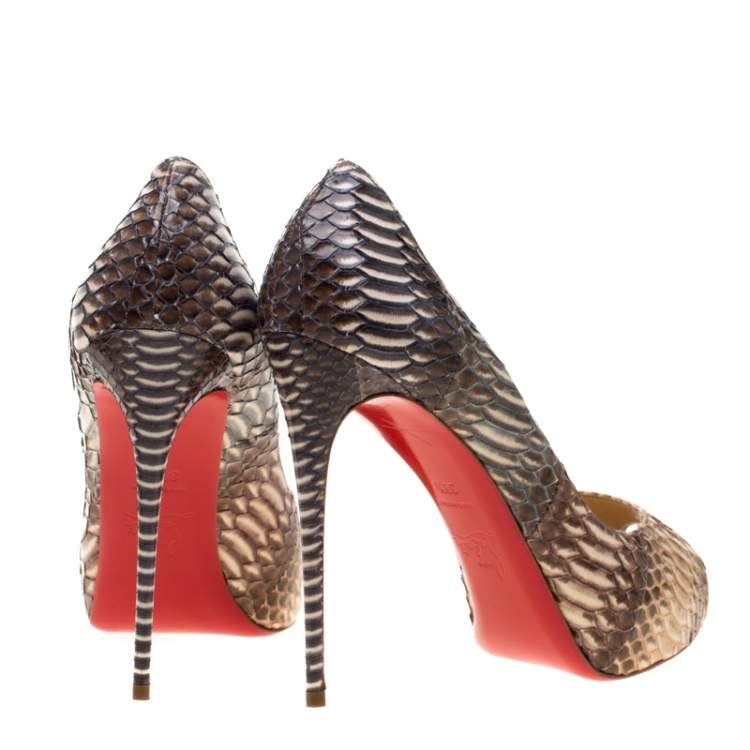 Pre Owned Christian Louboutin Beige Python Leather Suellena Peep Toe Platform Pumps Size 38.5