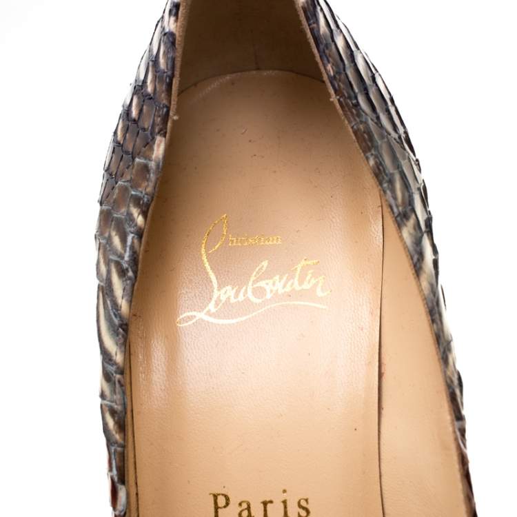 Pre Owned Christian Louboutin Beige Python Leather Suellena Peep Toe Platform Pumps Size 38.5