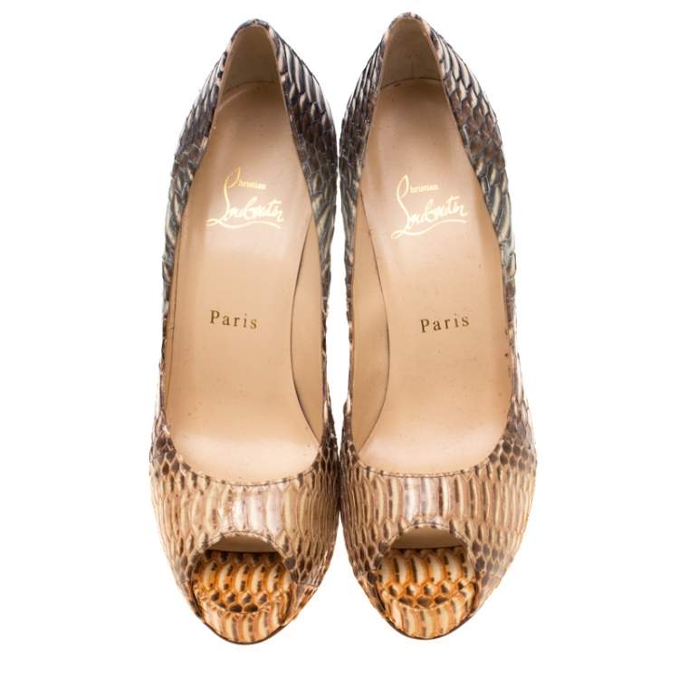 Pre Owned Christian Louboutin Beige Python Leather Suellena Peep Toe Platform Pumps Size 38.5