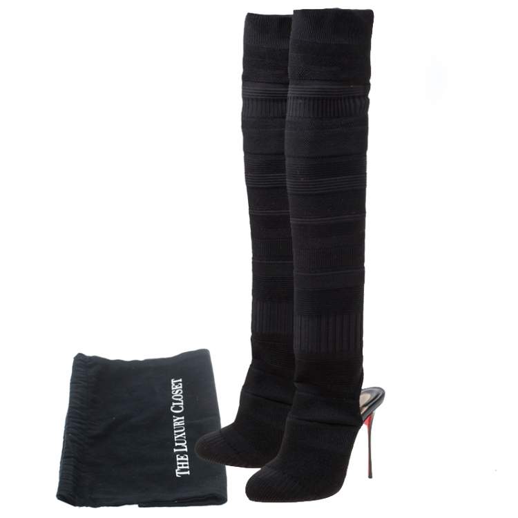 مملوكة مسبقًا Christian Louboutin Black Knit Fabric Cheminetta Sock Thigh High Boots Size 37