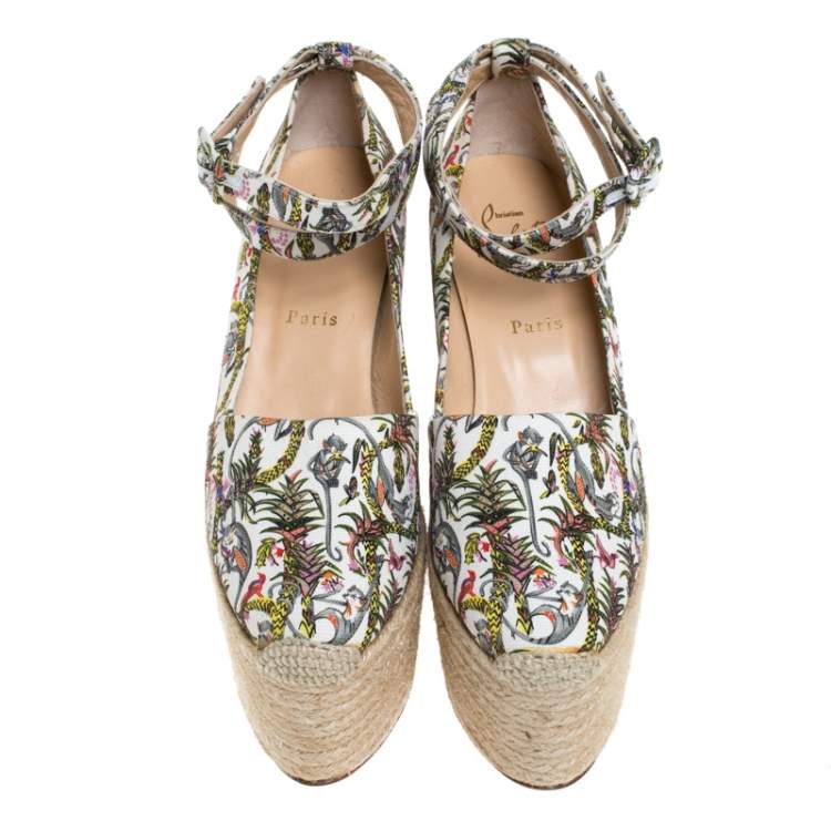 مملوكة مسبقًا Christian Louboutin Multicolor Jungle Canvas Dehia Espadrille Platform Pumps Size 40