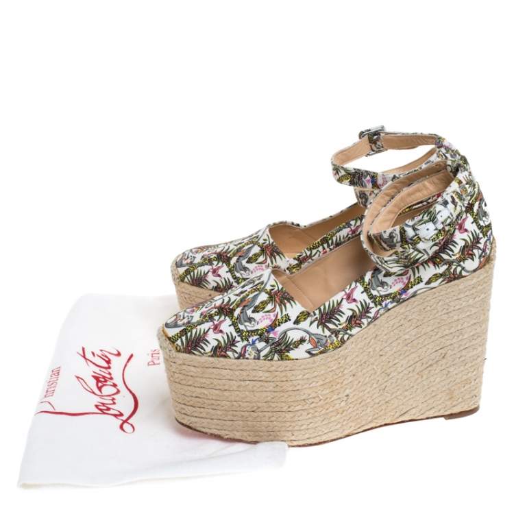 مملوكة مسبقًا Christian Louboutin Multicolor Jungle Canvas Dehia Espadrille Platform Pumps Size 40