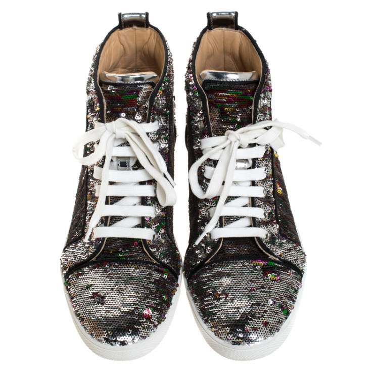 Pre Owned Christian Louboutin Silver Sequin Orlato High Top Sneakers Size 38