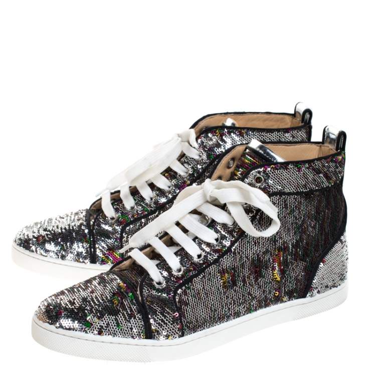 Pre Owned Christian Louboutin Silver Sequin Orlato High Top Sneakers Size 38