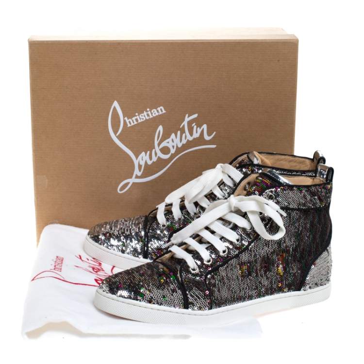 Pre Owned Christian Louboutin Silver Sequin Orlato High Top Sneakers Size 38