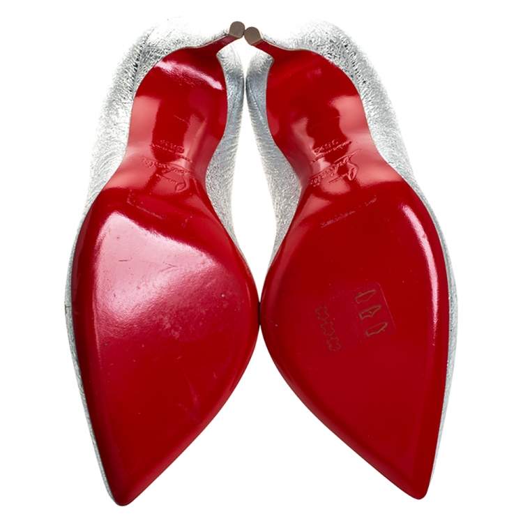 Pre Owned Christian Louboutin Silver Foil Leather Corneille Pointed Toe Pumps Size 36.5