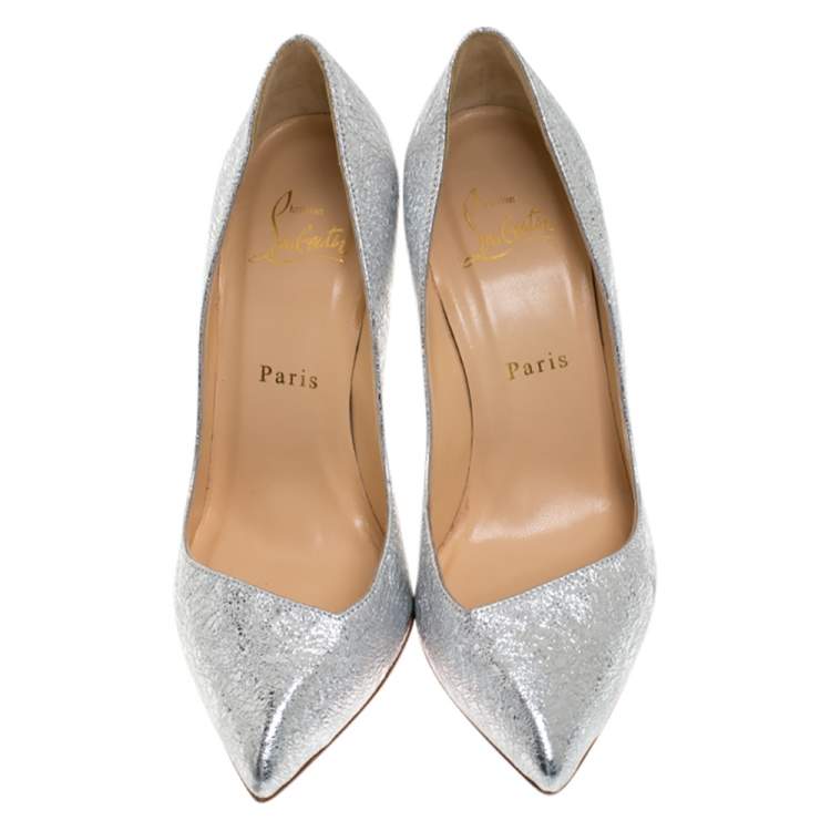 Pre Owned Christian Louboutin Silver Foil Leather Corneille Pointed Toe Pumps Size 36.5