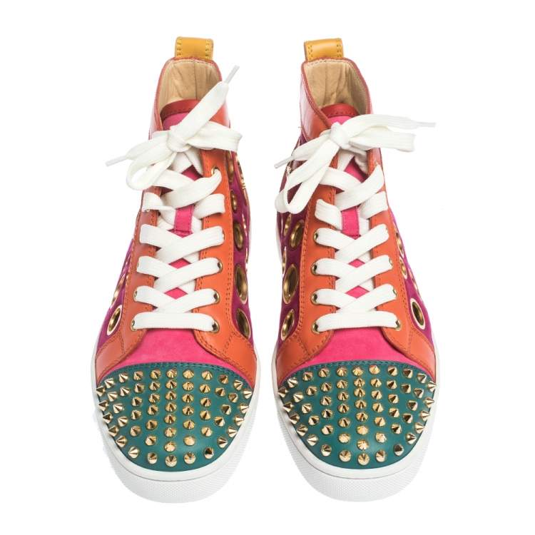 Pre Owned Christian Louboutin Multicolor Suede and Leather Bubble Spikes High-Top Sneakers Size 40