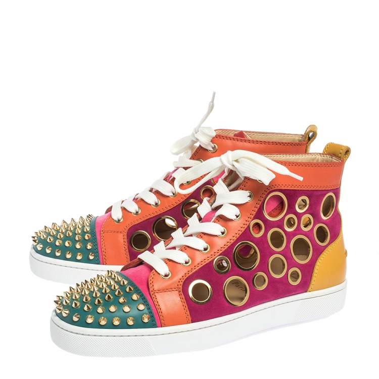 Pre Owned Christian Louboutin Multicolor Suede and Leather Bubble Spikes High-Top Sneakers Size 40