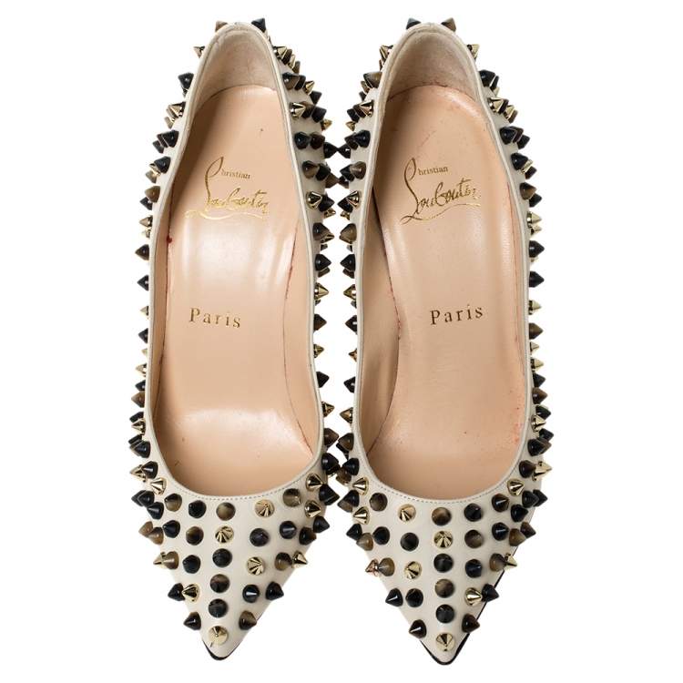 Pre Owned Christian Louboutin Cream Leather Follies Spikes Pumps Size 35