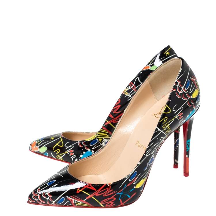 Pre Owned Christian Louboutin Black Loubitag Graffiti Patent Leather So Kate Pointed Toe Pumps Size 36.5