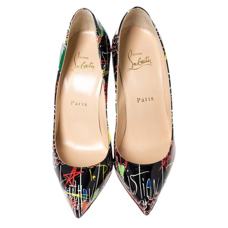 Pre Owned Christian Louboutin Black Loubitag Graffiti Patent Leather So Kate Pointed Toe Pumps Size 36.5