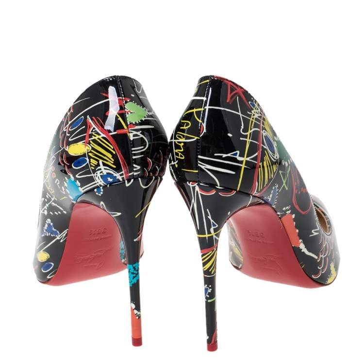 Pre Owned Christian Louboutin Black Loubitag Graffiti Patent Leather So Kate Pointed Toe Pumps Size 36.5