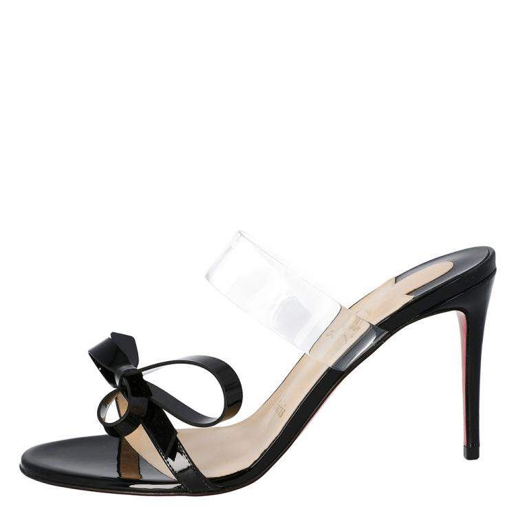 Pre Owned Christian Louboutin Black Patent Leather and PVC Band Knot Just Nodo Mules Size 37.5