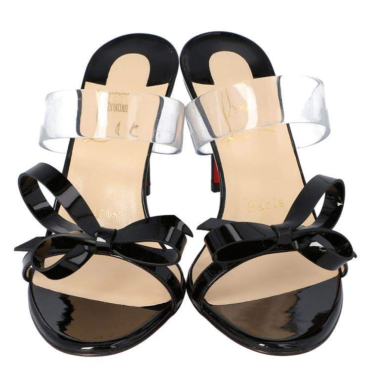 Pre Owned Christian Louboutin Black Patent Leather and PVC Band Knot Just Nodo Mules Size 37.5