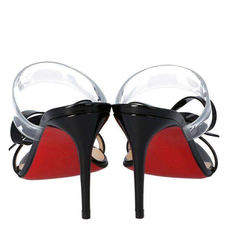 Pre Owned Christian Louboutin Black Patent Leather and PVC Band Knot Just Nodo Mules Size 37.5
