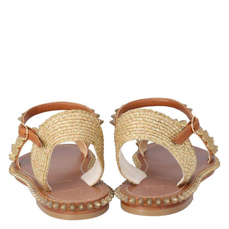Pre Owned Christian Louboutin Beige Cordorella Spiked Flat Leather Sandals Size 37