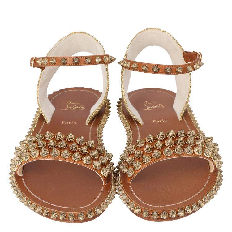 Pre Owned Christian Louboutin Beige Cordorella Spiked Flat Leather Sandals Size 38