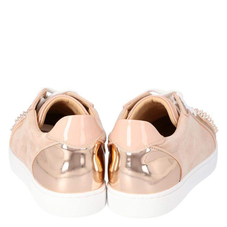 Pre Owned Christian Louboutin Pink Patent Leather and Suede Vieira Spikes Low-Top Sneakers Size 38