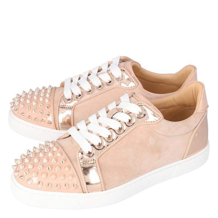 Pre Owned Christian Louboutin Pink Patent Leather and Suede Vieira Spikes Low-Top Sneakers Size 38.5