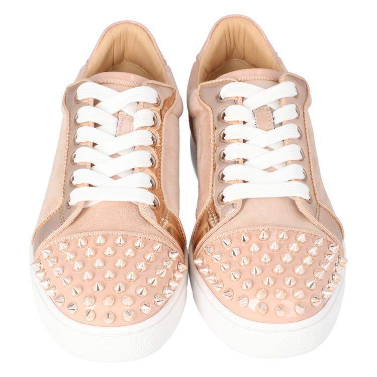 Pre Owned Christian Louboutin Pink Patent Leather and Suede Vieira Spikes Low-Top Sneakers Size 40.5