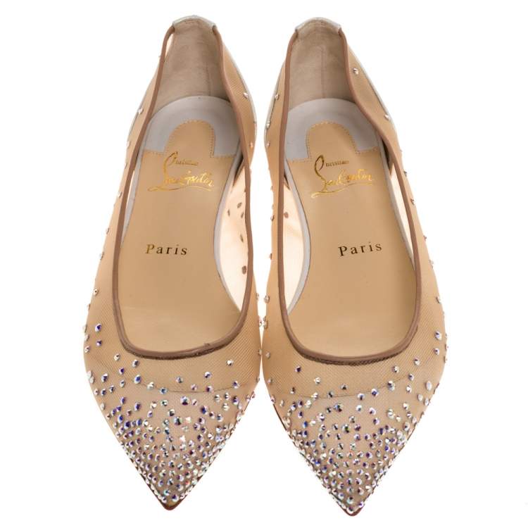 مملوكة مسبقًا Christian Louboutin White Mesh And Leather Follies Strass Ballet Flats Size 37.5