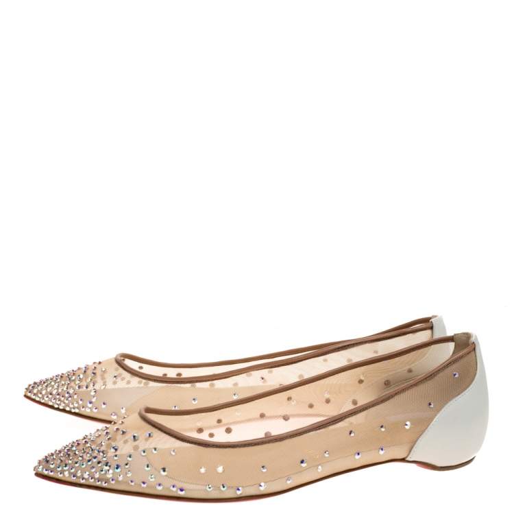 مملوكة مسبقًا Christian Louboutin White Mesh And Leather Follies Strass Ballet Flats Size 37.5