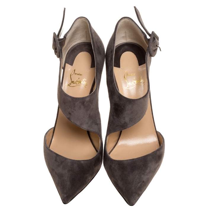 Pre Owned Christian Louboutin Grey Suede Leather Sharpeta Ankle Strap Pumps Size 38.5