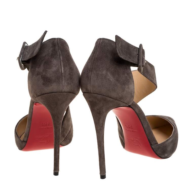 Pre Owned Christian Louboutin Grey Suede Leather Sharpeta Ankle Strap Pumps Size 38.5