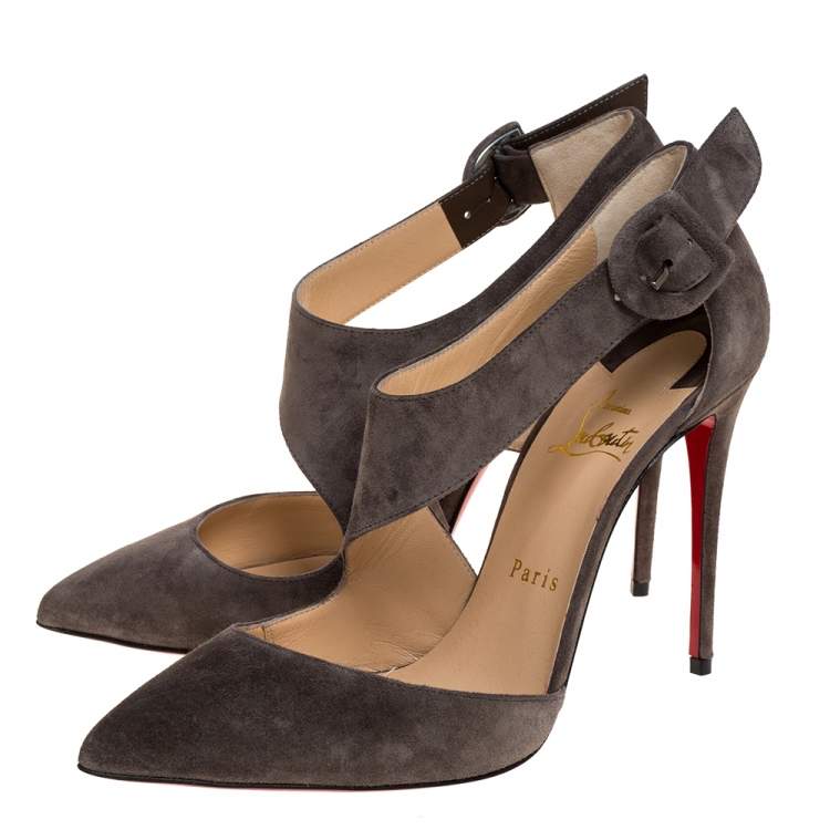 Pre Owned Christian Louboutin Grey Suede Leather Sharpeta Ankle Strap Pumps Size 38.5