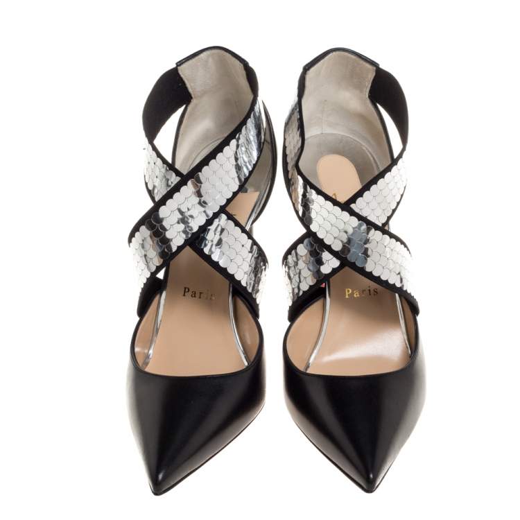 Pre Owned Christian Louboutin Black Leather Jeres Cross Strap Pointed Toe Pumps Size 40