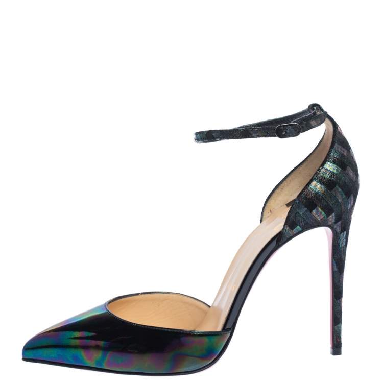 Pre Owned Christian Louboutin Multicolor Glitter Suede And Patent Leather Uptown Ankle Strap Sandals Size 39