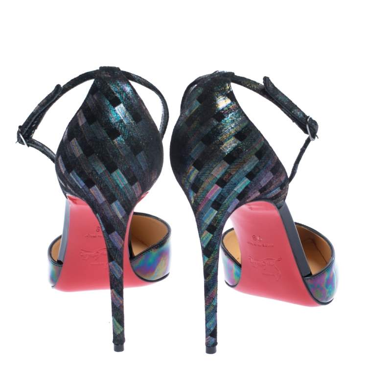 Pre Owned Christian Louboutin Multicolor Glitter Suede And Patent Leather Uptown Ankle Strap Sandals Size 39
