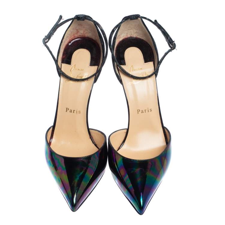 Pre Owned Christian Louboutin Multicolor Glitter Suede And Patent Leather Uptown Ankle Strap Sandals Size 39
