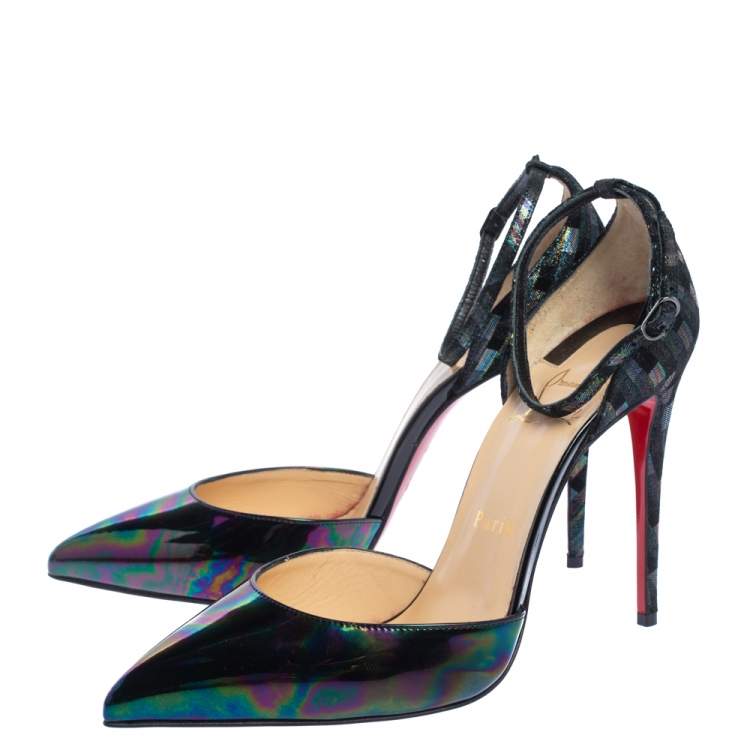 Pre Owned Christian Louboutin Multicolor Glitter Suede And Patent Leather Uptown Ankle Strap Sandals Size 39