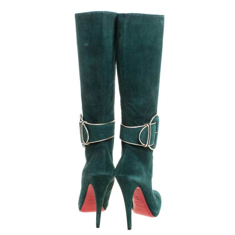 Pre Owned Christian Louboutin Green Suede 'Trotte Avec Moi' Knee High Platform Boots Size 38.5