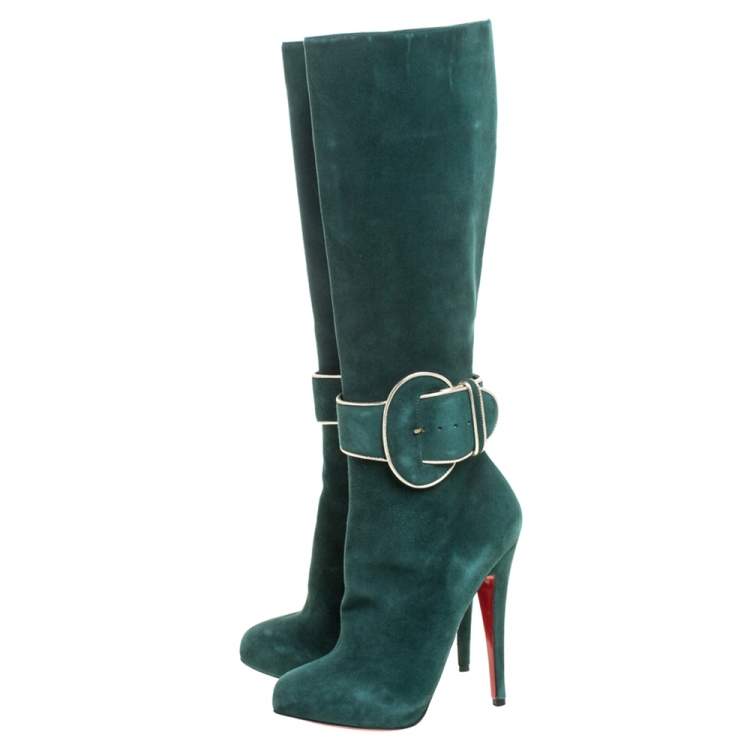 Pre Owned Christian Louboutin Green Suede 'Trotte Avec Moi' Knee High Platform Boots Size 38.5