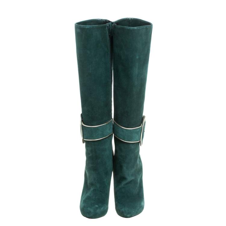 Pre Owned Christian Louboutin Green Suede 'Trotte Avec Moi' Knee High Platform Boots Size 38.5