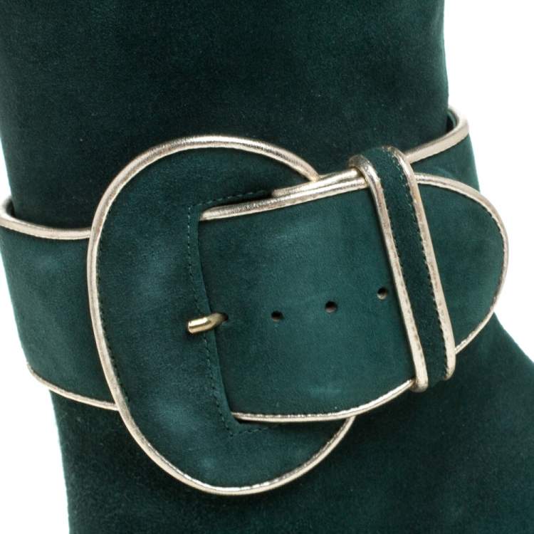 Pre Owned Christian Louboutin Green Suede 'Trotte Avec Moi' Knee High Platform Boots Size 38.5