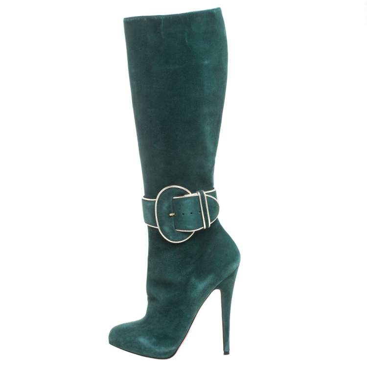 Pre Owned Christian Louboutin Green Suede 'Trotte Avec Moi' Knee High Platform Boots Size 38.5