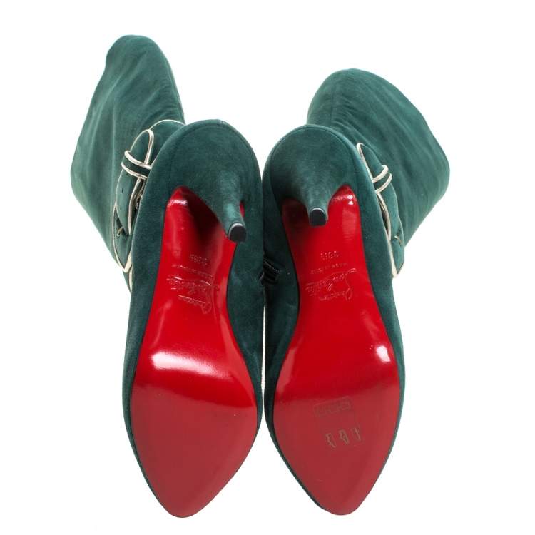 Pre Owned Christian Louboutin Green Suede 'Trotte Avec Moi' Knee High Platform Boots Size 38.5